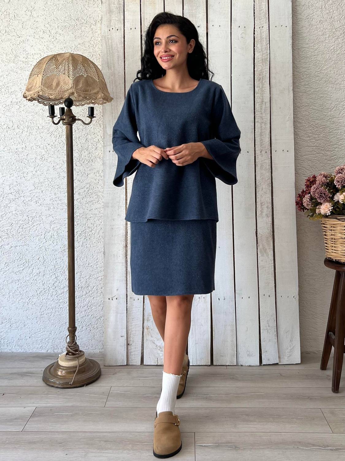 İndigo Mavisi Kaşe Salaş Bluz-Kısa Kaşe Etek Takımı (2 li Takım)