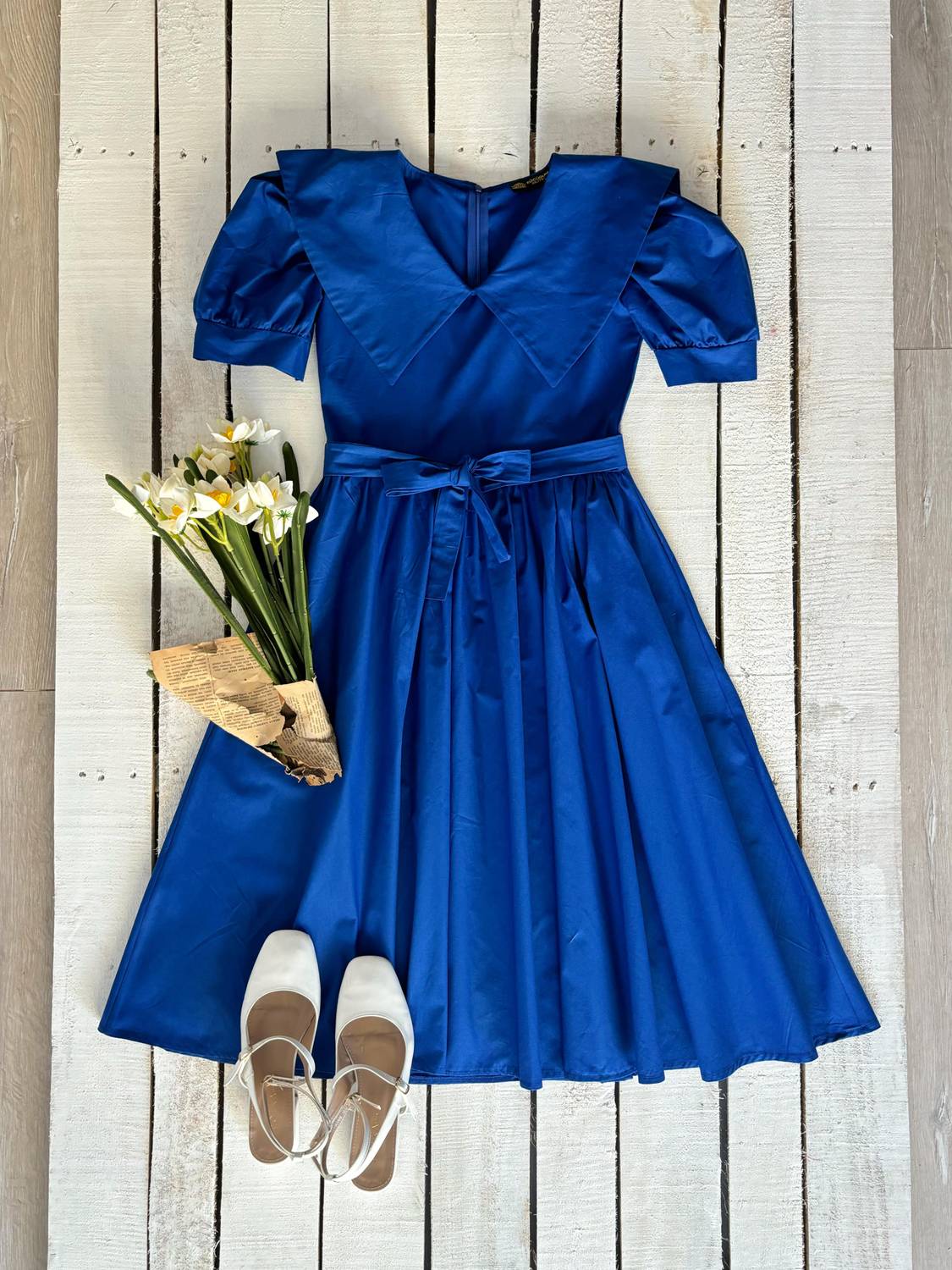 Saks Mavisi Büyük Yakalı Poplin Kloş Elbise