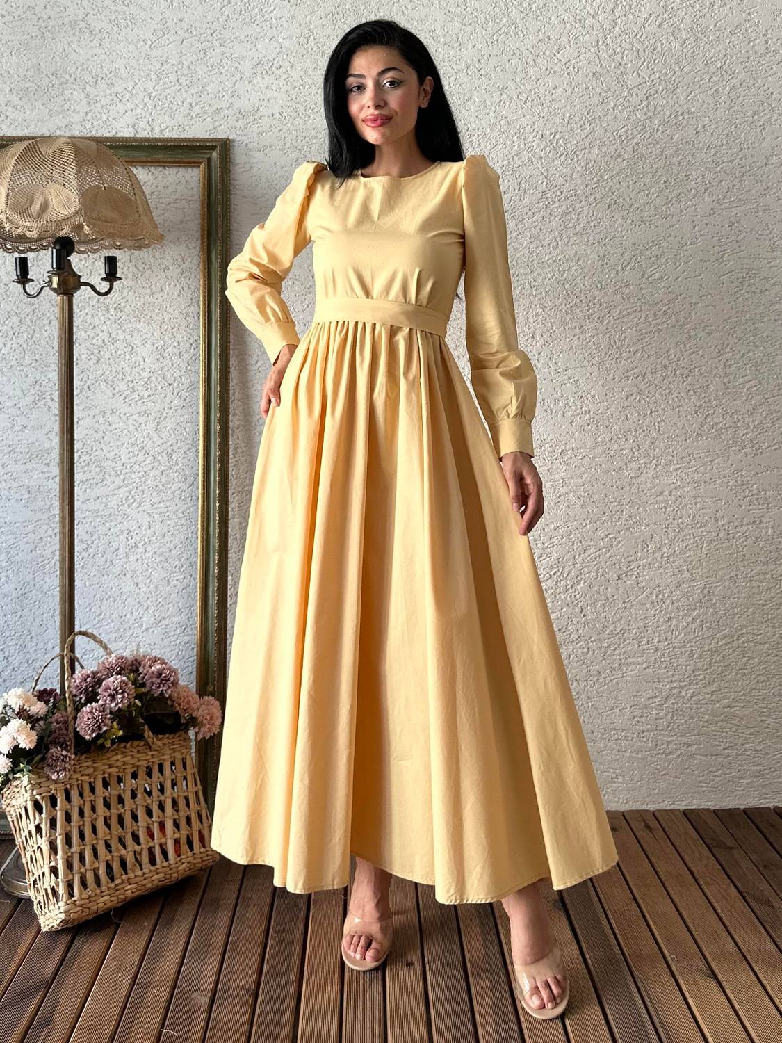 Sweet Yellow Flared Poplin Dress for Modest Wear 100% Cotton Available Sizes S to 3XL