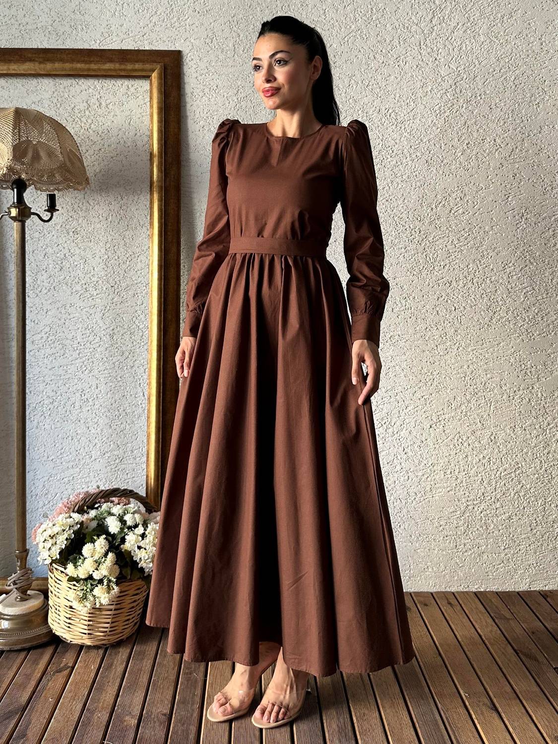 Tesettür Kahve Kloş Poplin Elbise