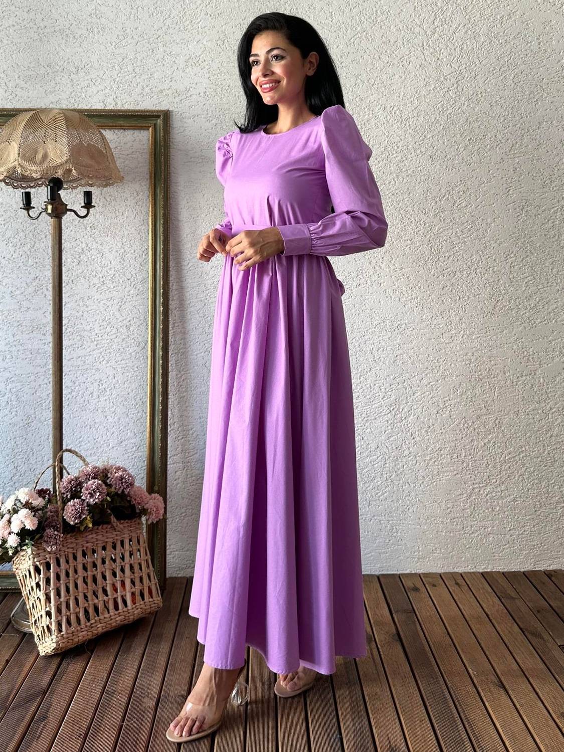 Tesettür Lila Kloş Poplin Elbise