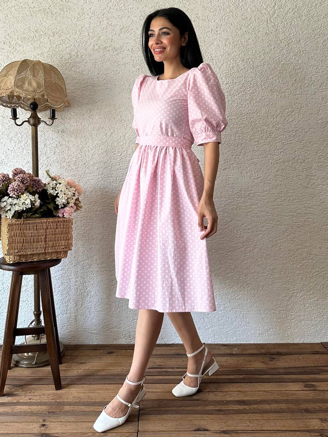 Pembe Puantiyeli Karpuz Kollu Elbise