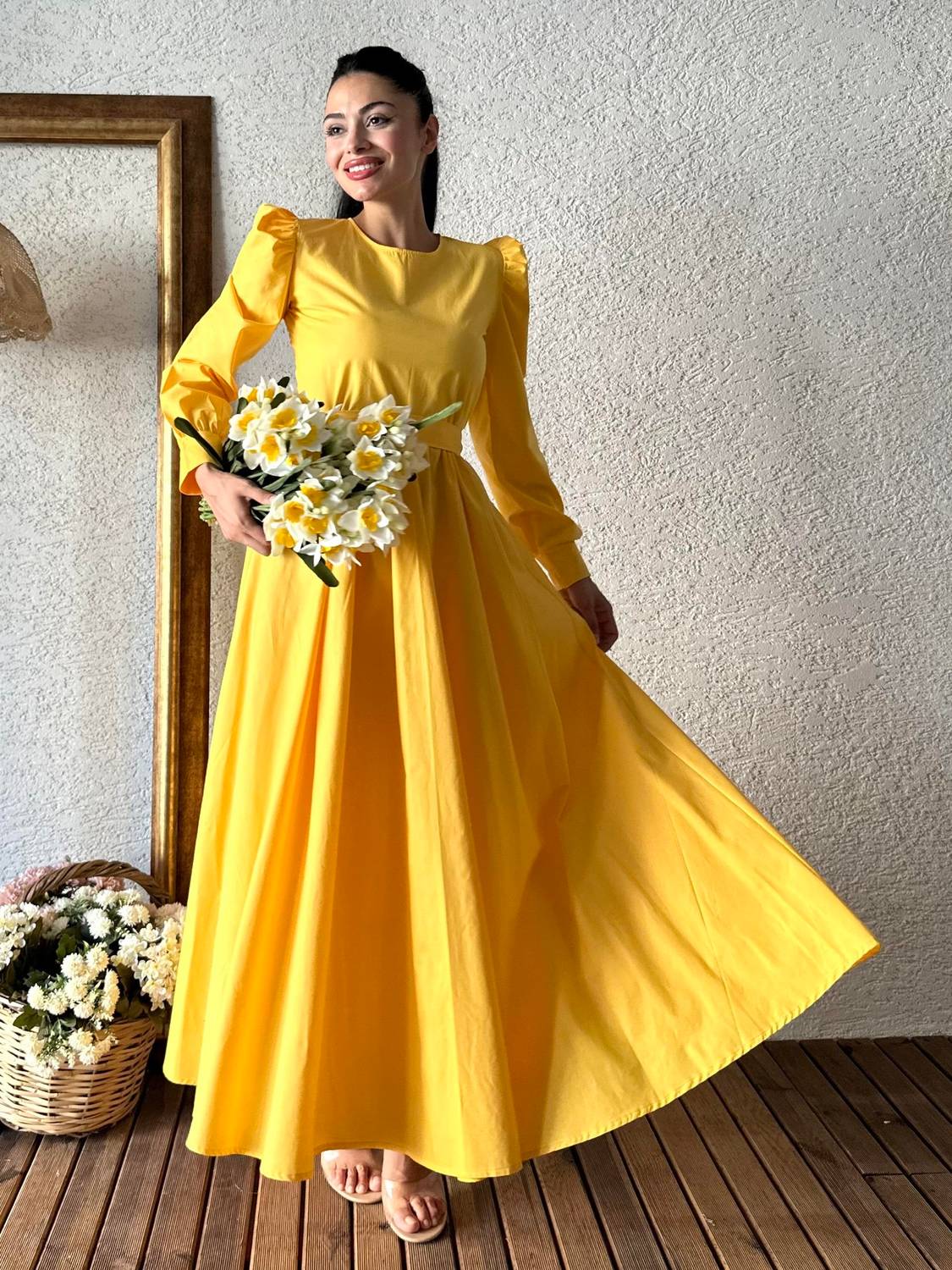 Modest Dark Yellow Flared Poplin Dress 100% Cotton Size S to 3XL Comfortable Stylish Washable Dry Cleanable
