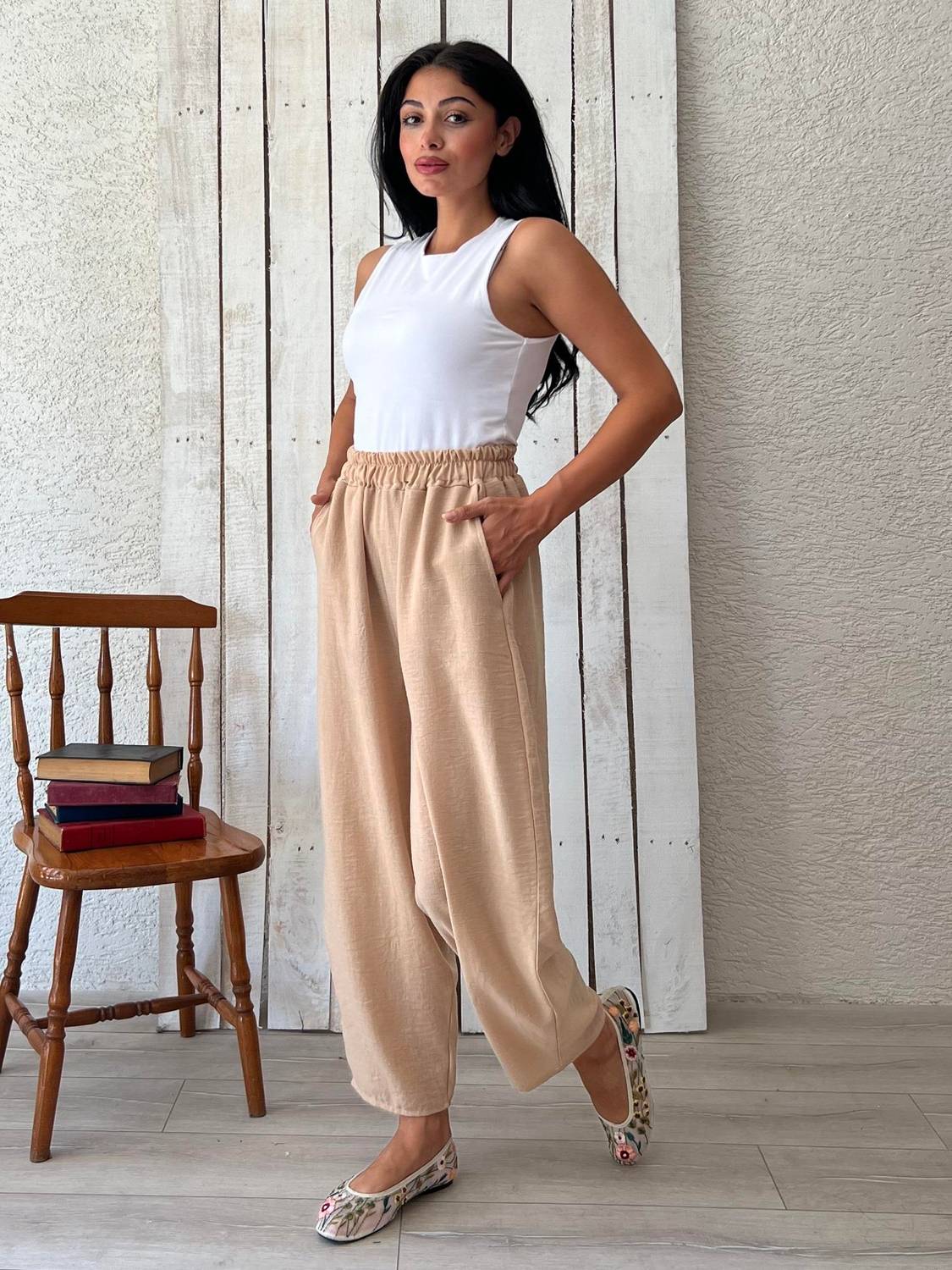 Cream Linen Loose Pants for Women in Sizes 36-38, 40-42, and 44-46, Comfortable Fit and Breathable Fabric