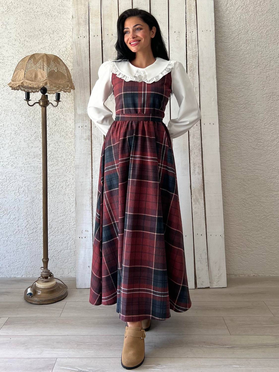 Long Coffee-Burgundy Checkered Dress and White Blouse Set with Fisto Collar