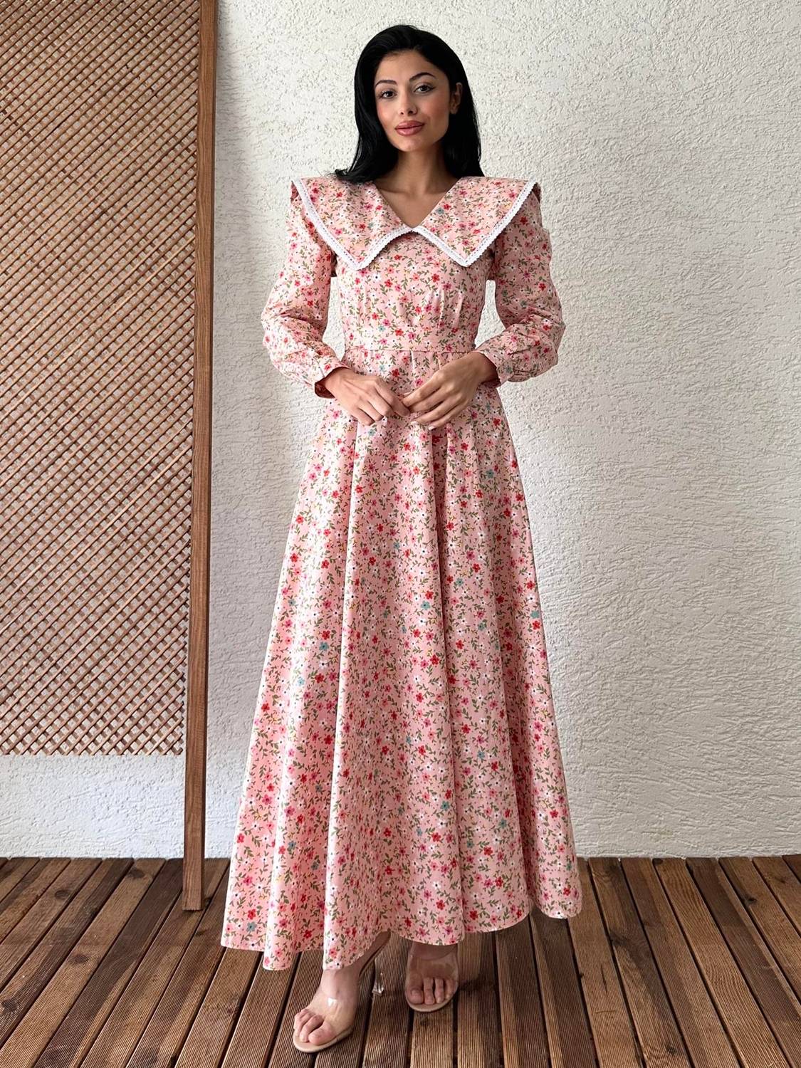 Vintage Büyük Yakalı Pudra Çiçekli (Uzun Kollu) Kloş Elbise