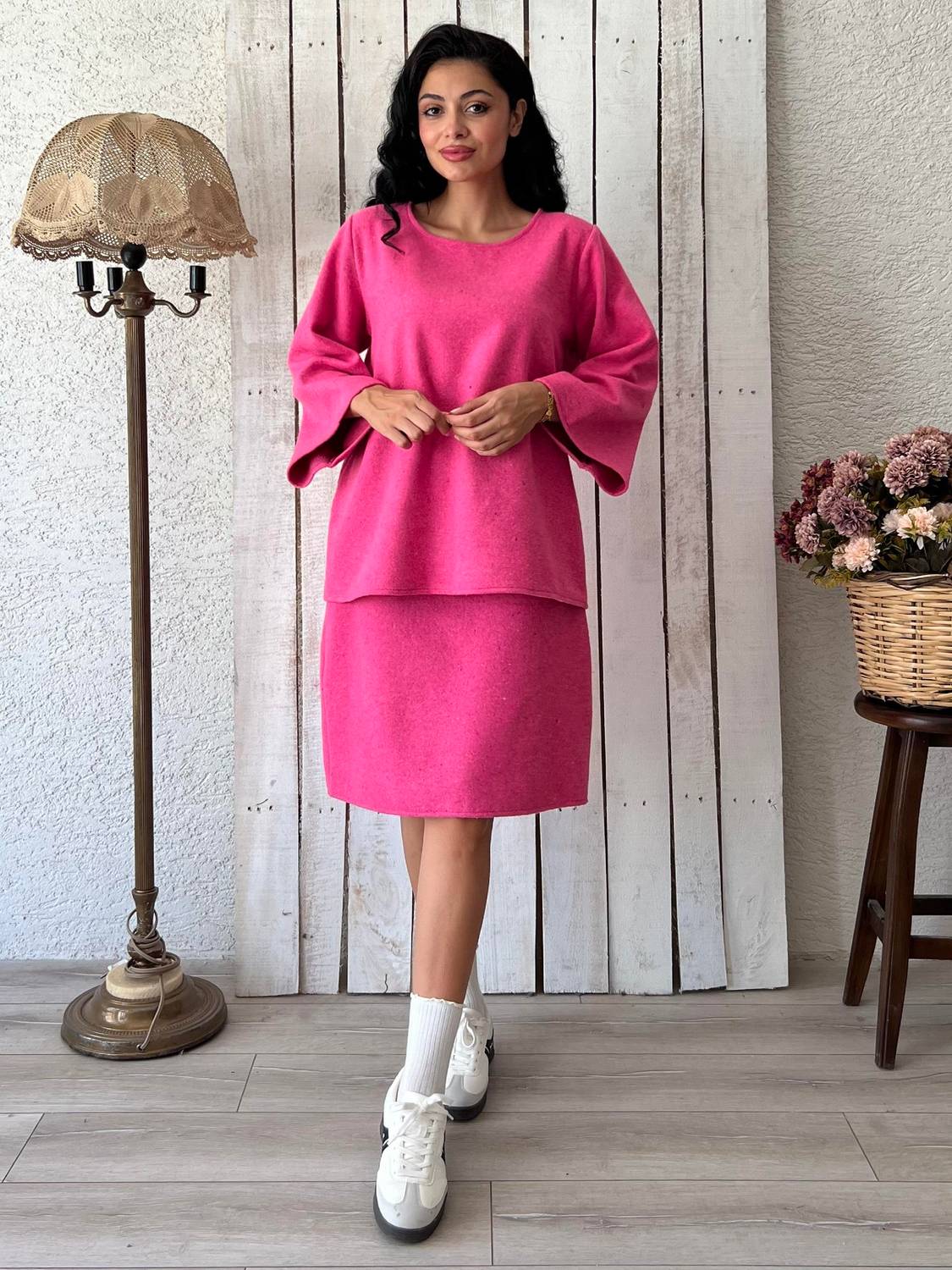 Fuşya Pembesi Kaşe Salaş Bluz-Kısa Kaşe Etek Takımı (2 li Takım)