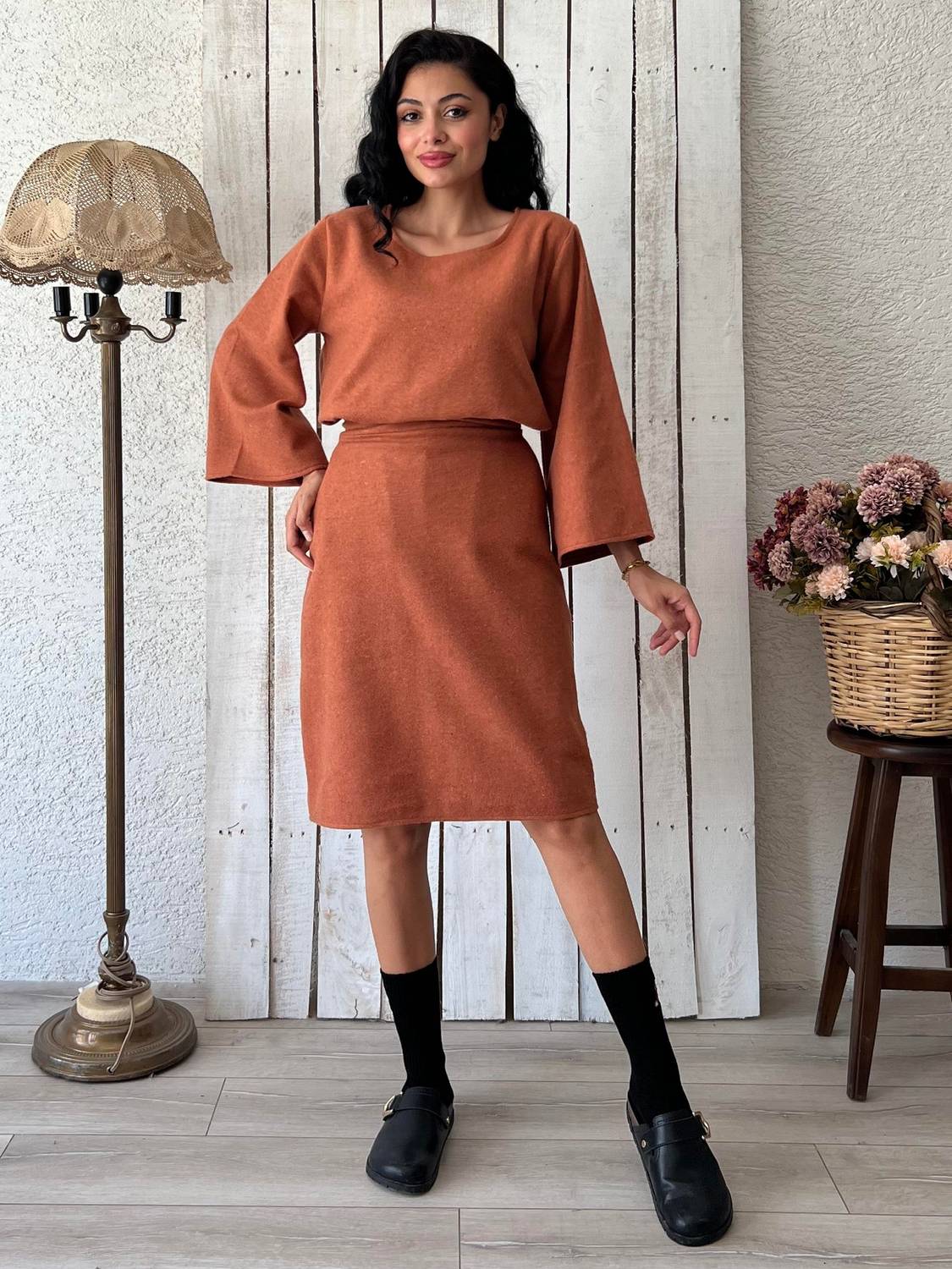 Kiremit Rengi Kaşe Salaş Bluz-Kısa Kaşe Etek Takımı (2 li Takım)