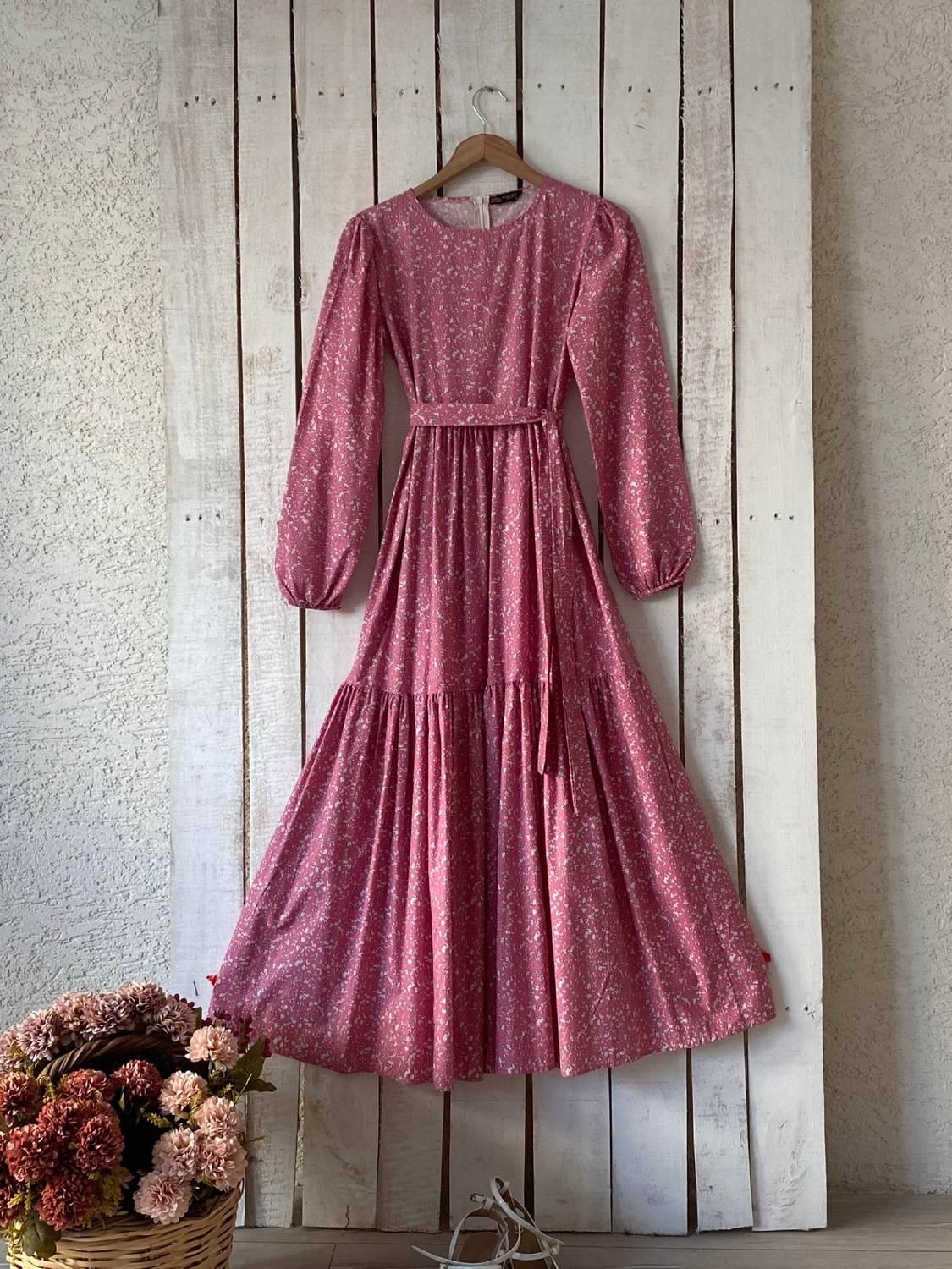 Tesettür Pembe Çıtır Poplin Kat-Kat Elbise