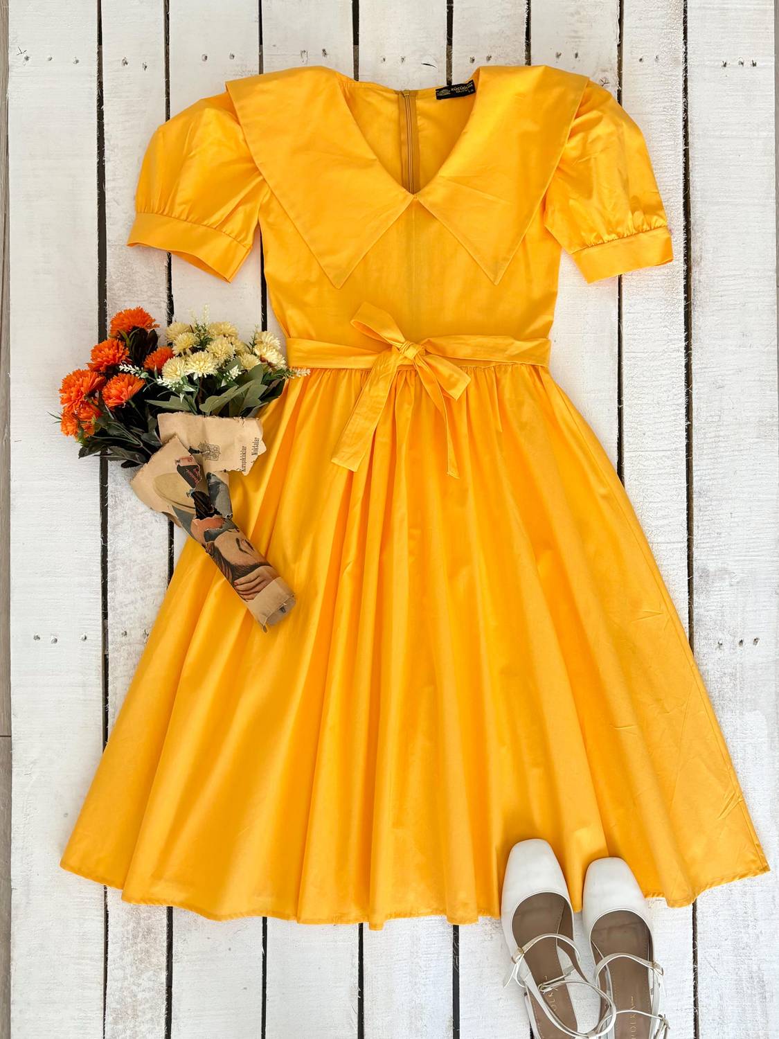 Sarı Büyük Yakalı Poplin Kloş Elbise