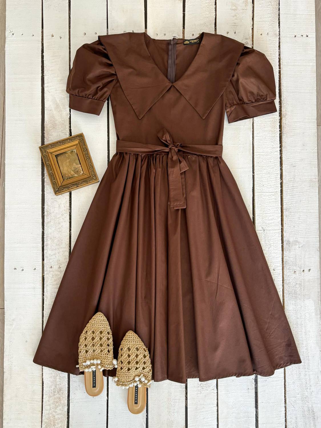 Kahve Büyük Yakalı Poplin Kloş Elbise