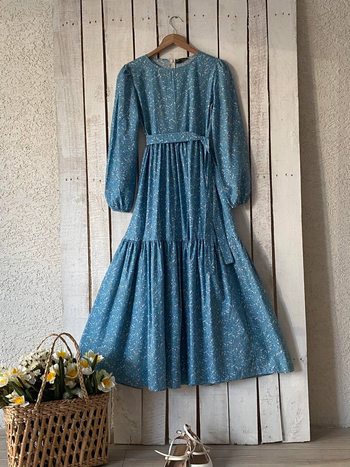 Tesettür Mavi Çıtır Poplin Kat-Kat Elbise