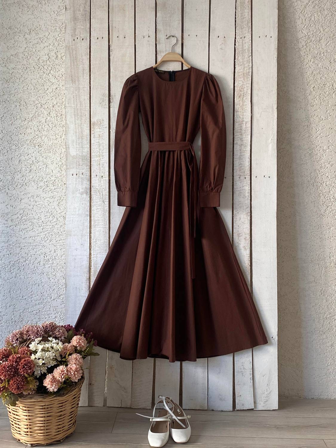 Uzun Kahverengi Poplin Kloş Elbise