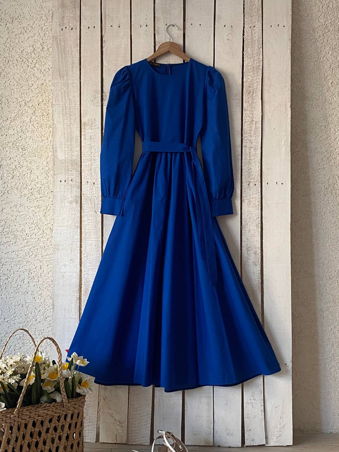 Синя поплінова сукня-кльош, 100% бавовна, розмір S-3XL, 135 см, легко доглядати, не просвічується