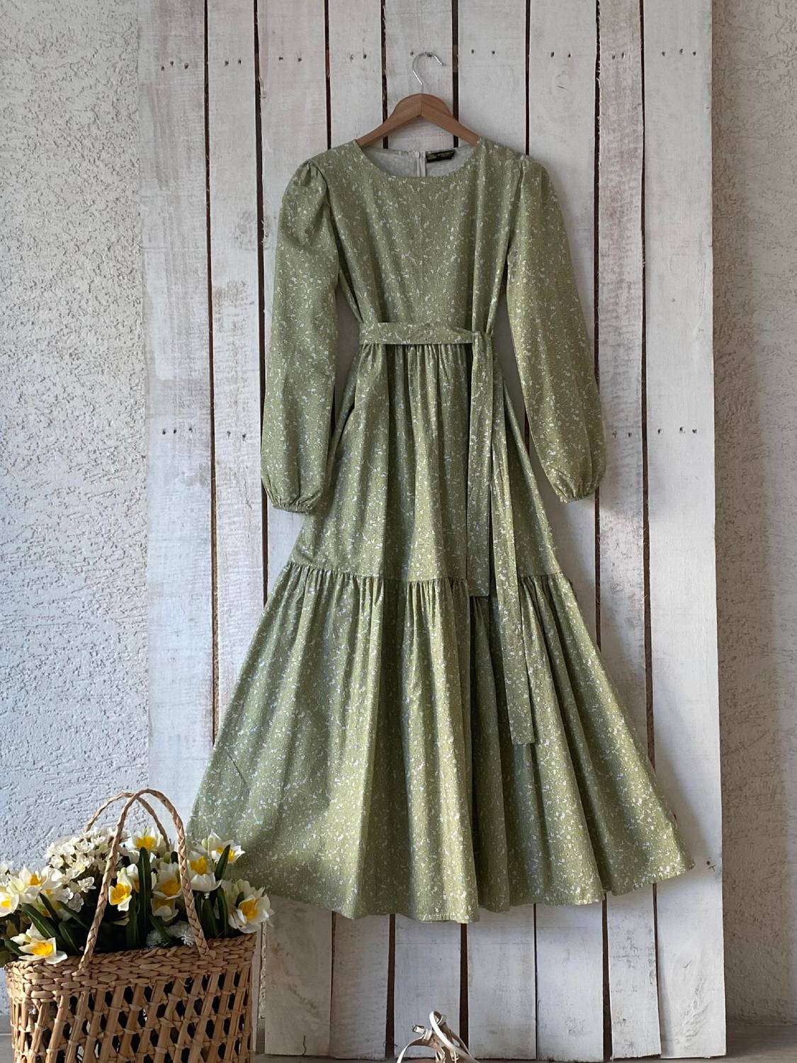 Uzun Yeşil Çıtır Poplin Kat Kat Elbise