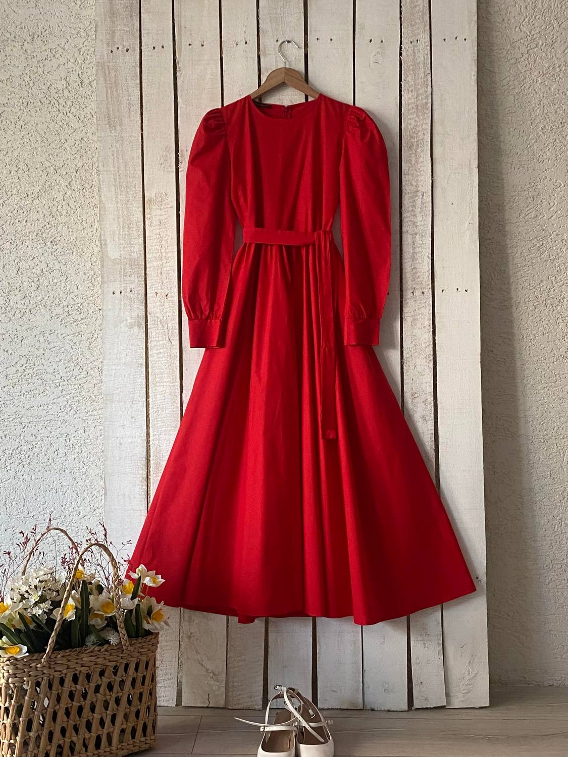 Uzun Kırmızı Poplin Kloş Elbise