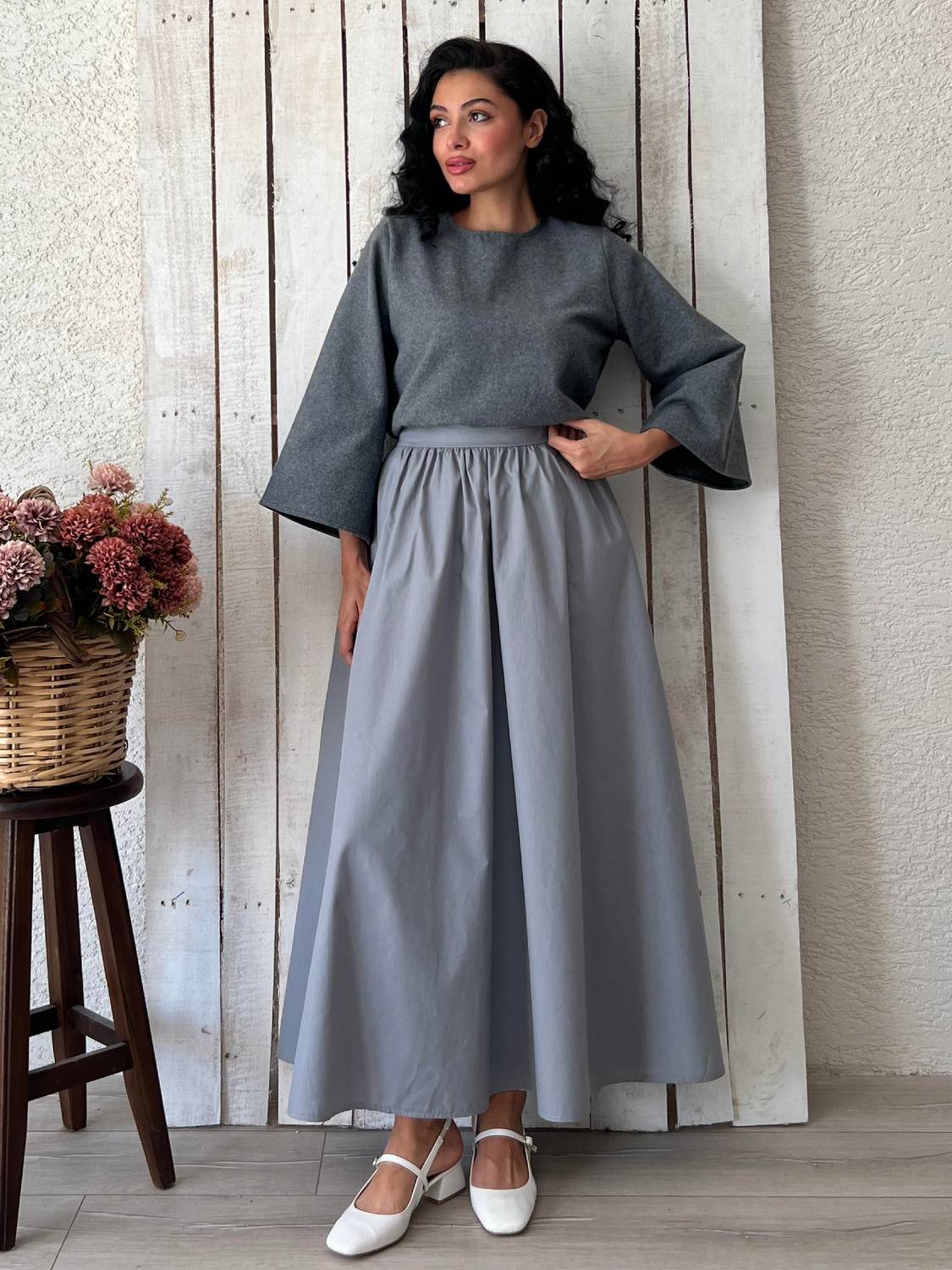 Gri Kloş Büzgülü Poplin Etek