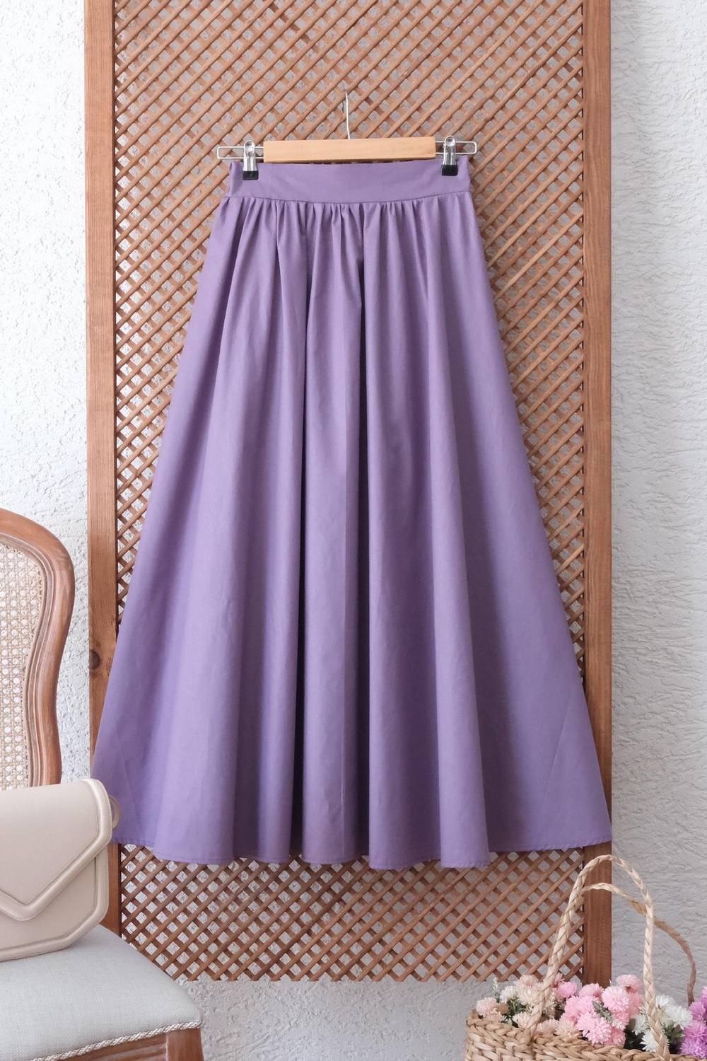 Lila Kloş Büzgülü Poplin Etek