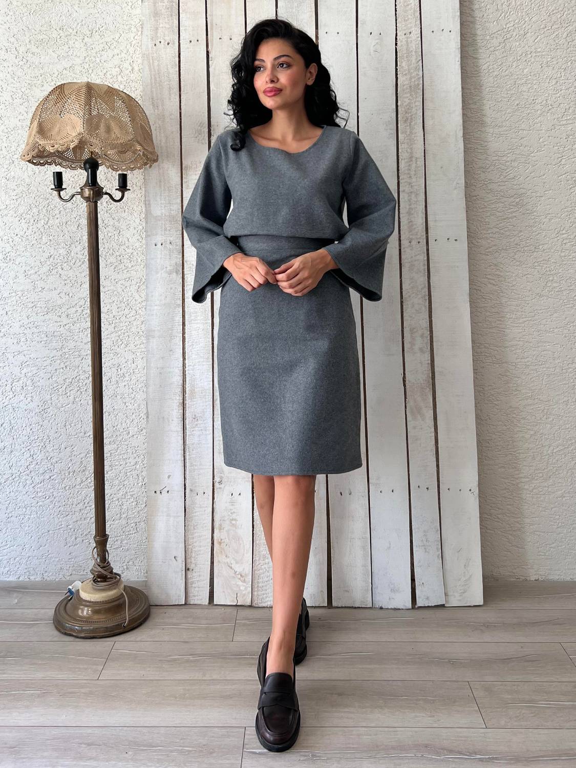 Antrasit Salaş Kaşe Bluz-Kısa Kaşe Etek Takımı (2 li Takım)