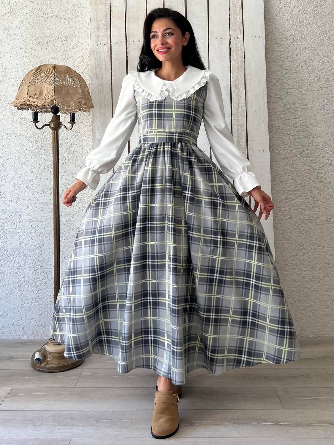 Uzun Gri-Antrasit Ekose Jile Elbise