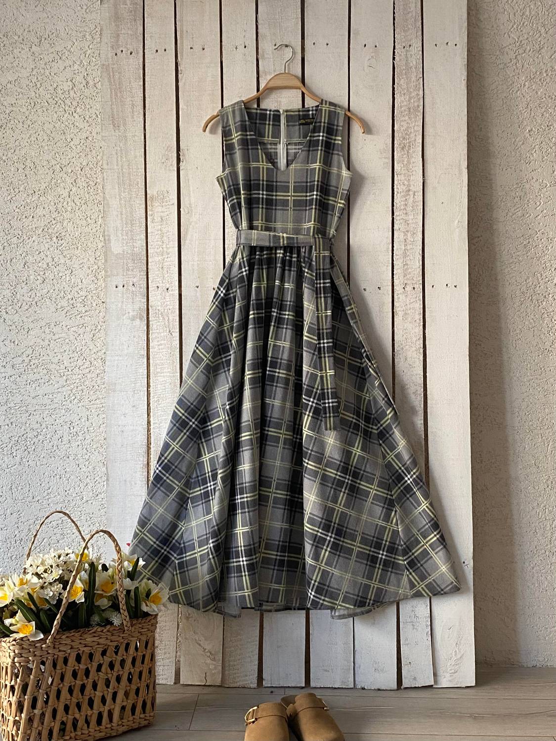 Uzun Gri-Antrasit Ekose Jile Elbise