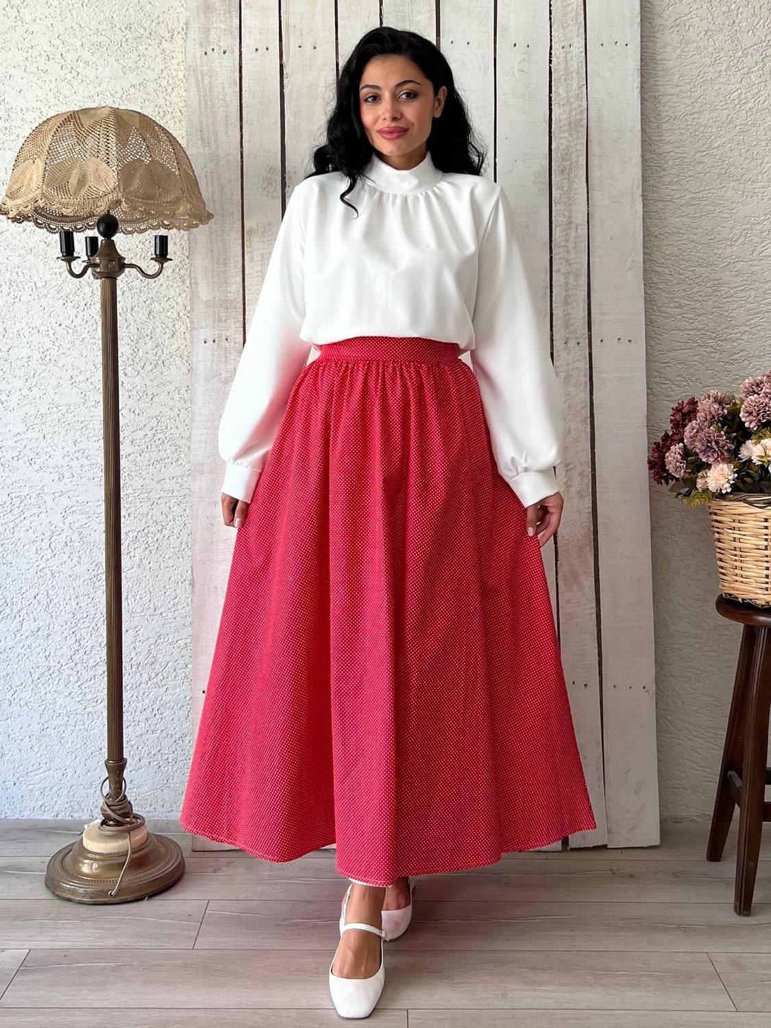 Kırmızı Puantiyeli Kloş Poplin Etek