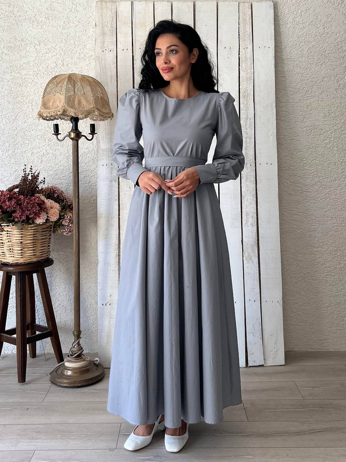 Женское платье из поплина в сером цвете с юбкой-клеш, 100% хлопок, размер S-3XL, долговечность и удобство в уходе