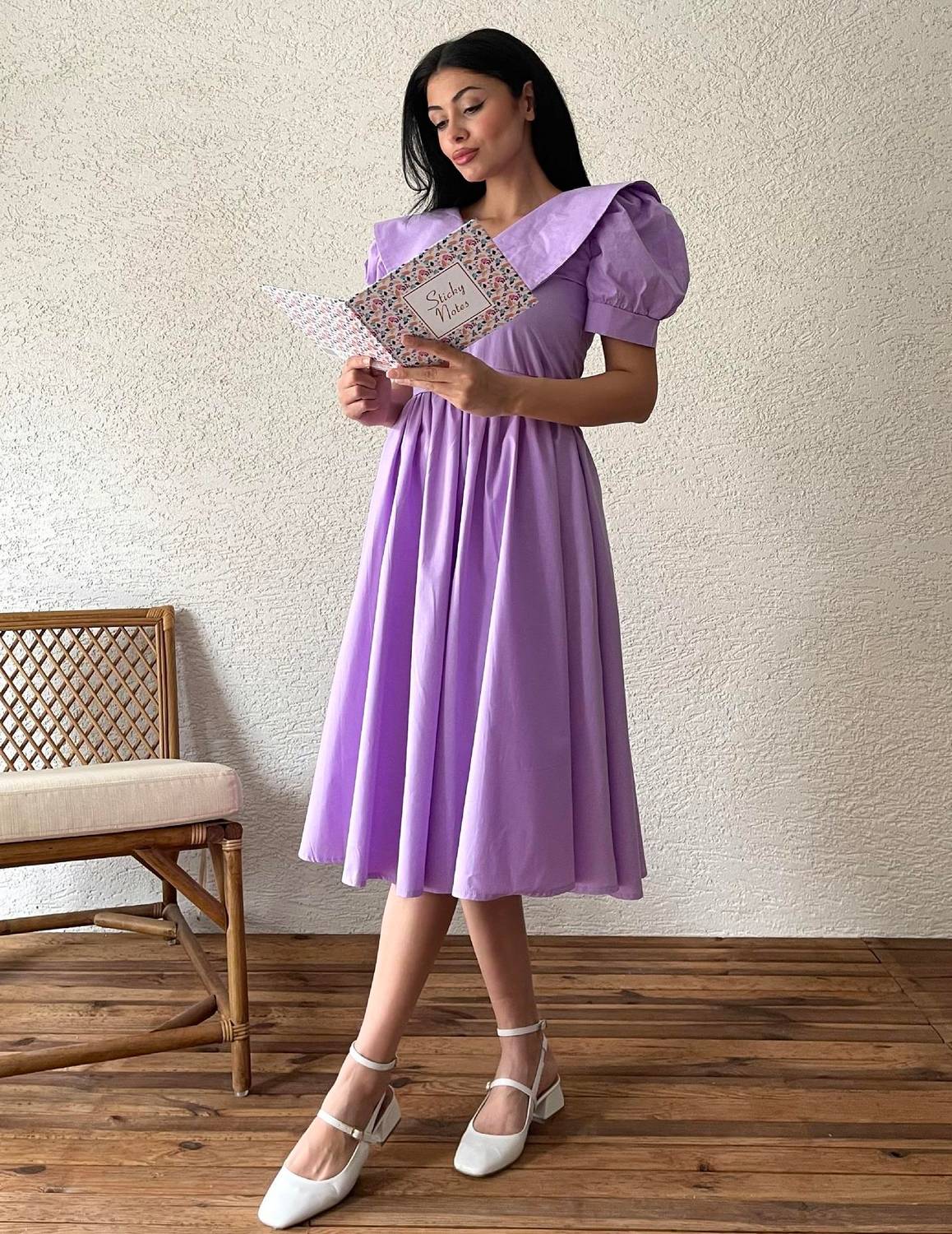Lila Büyük Yakalı Kloş Poplin Elbise