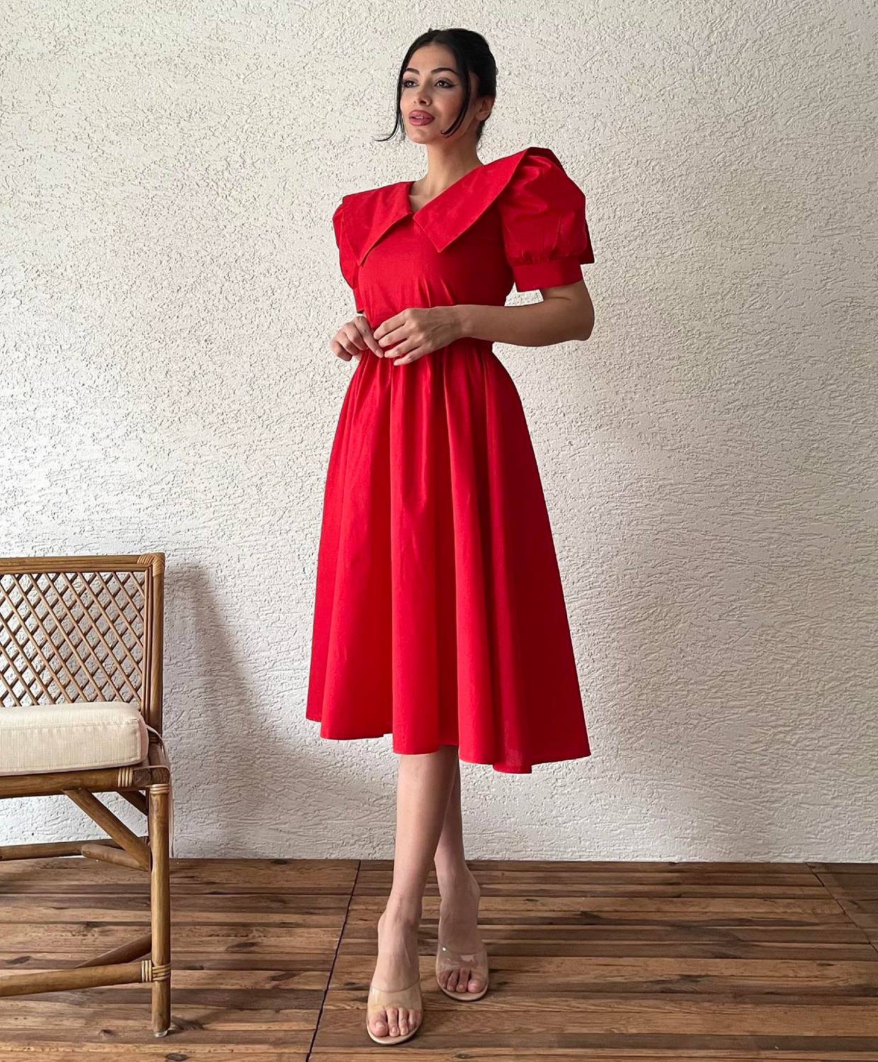 Червона велика сукня з широким коміром з попліна, 100% бавовна, розміри S-3XL