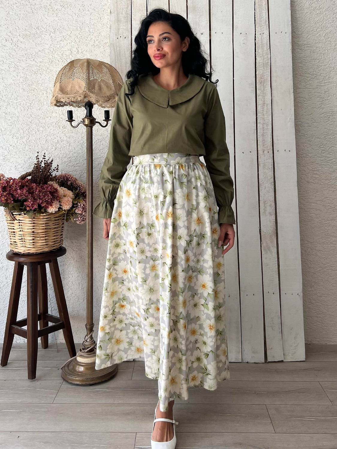 Gri Açelya Çiçeği Kloş Poplin Etek