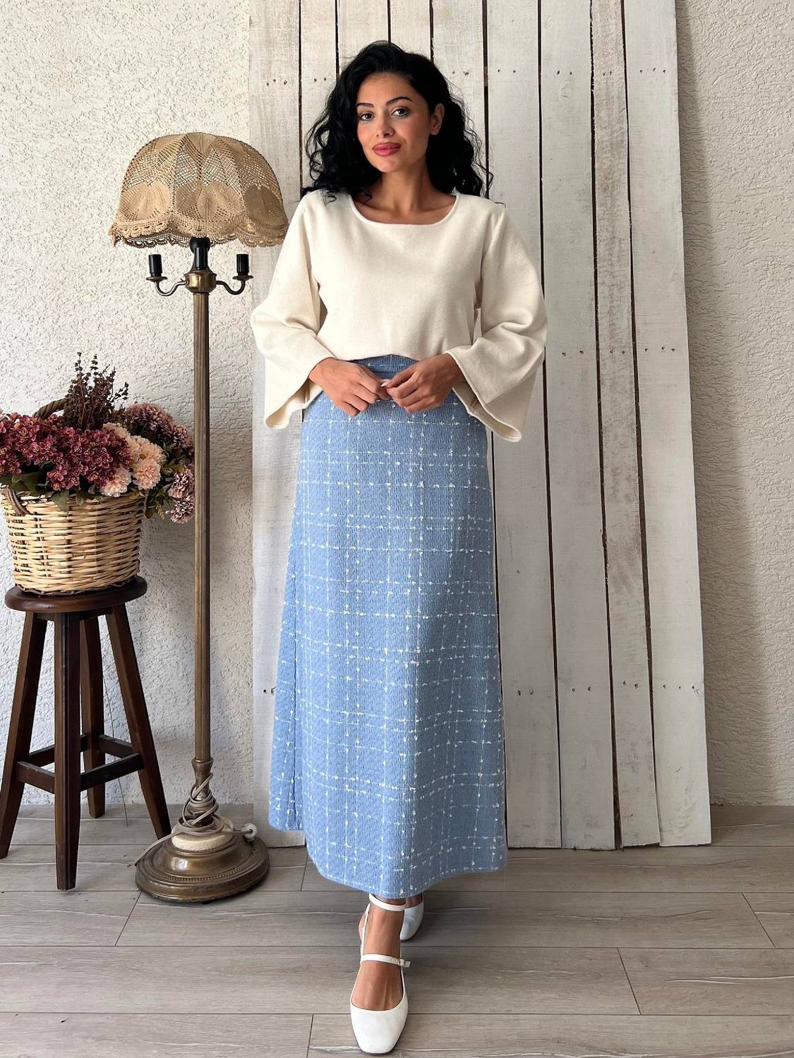 Синя спідниця з твідової тканини для жінок, фігурний силует, з матеріалу з вмістом шерсті, розміри 36-46