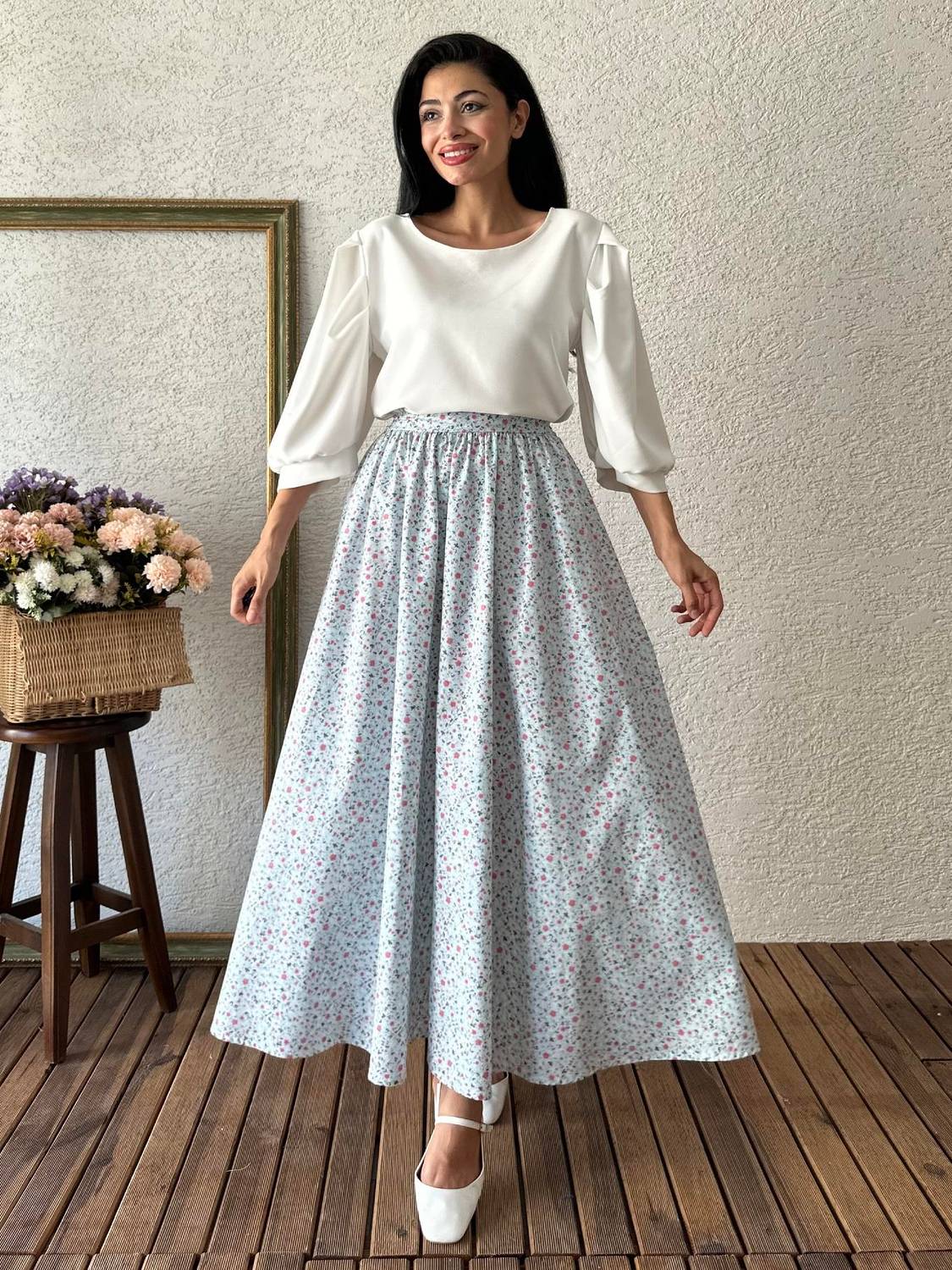 Turkuaz Çiçekli Poplin Etek