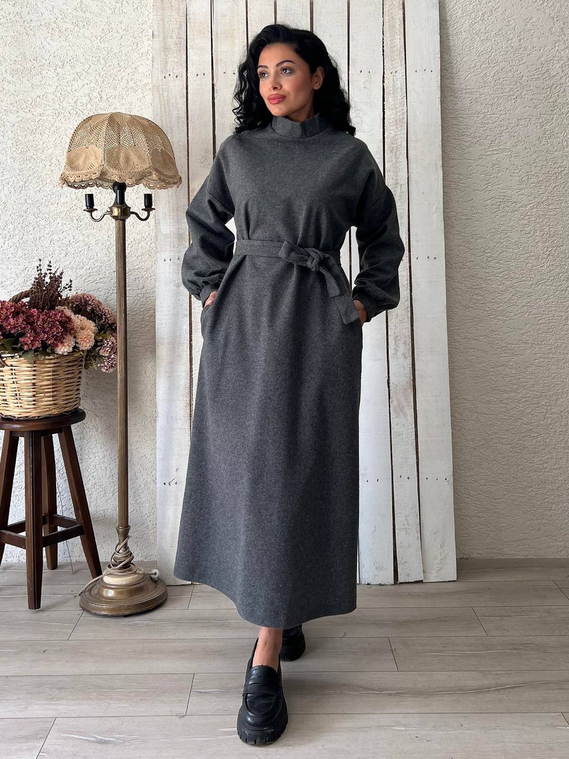 Uzun Antrasit Salaş Kaşe Elbise