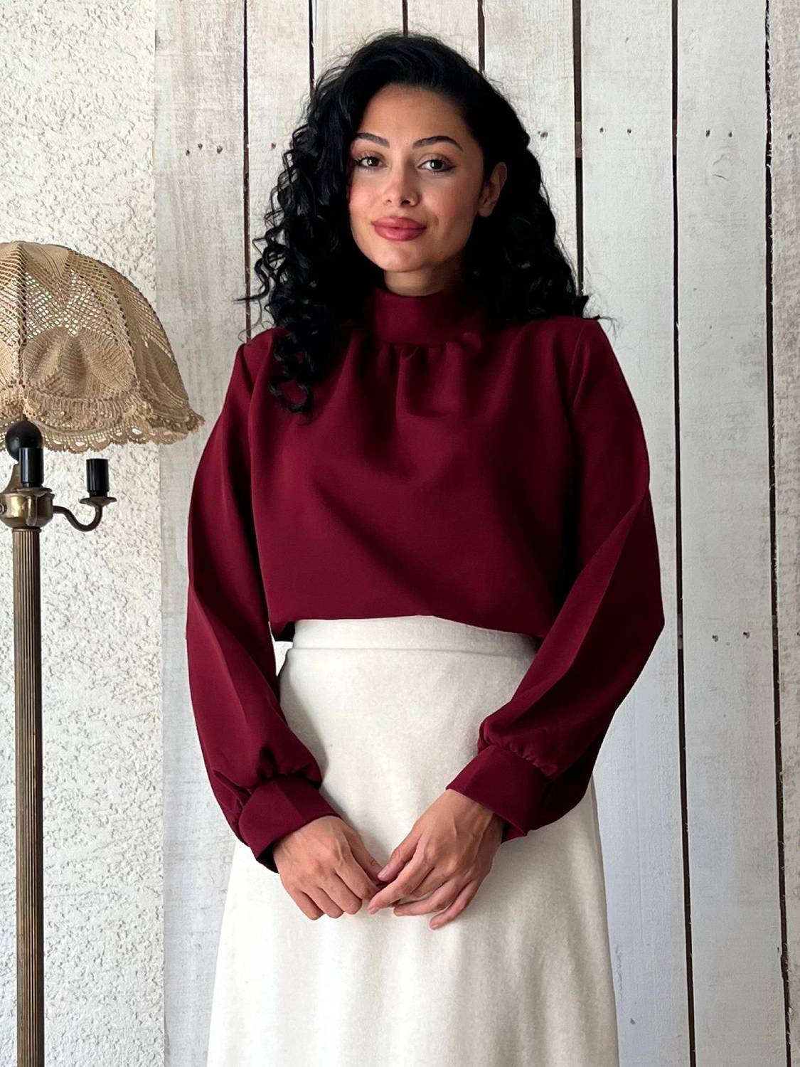 Bordo Boğaz Büzgülü Uzun Kollu Krep Bluz