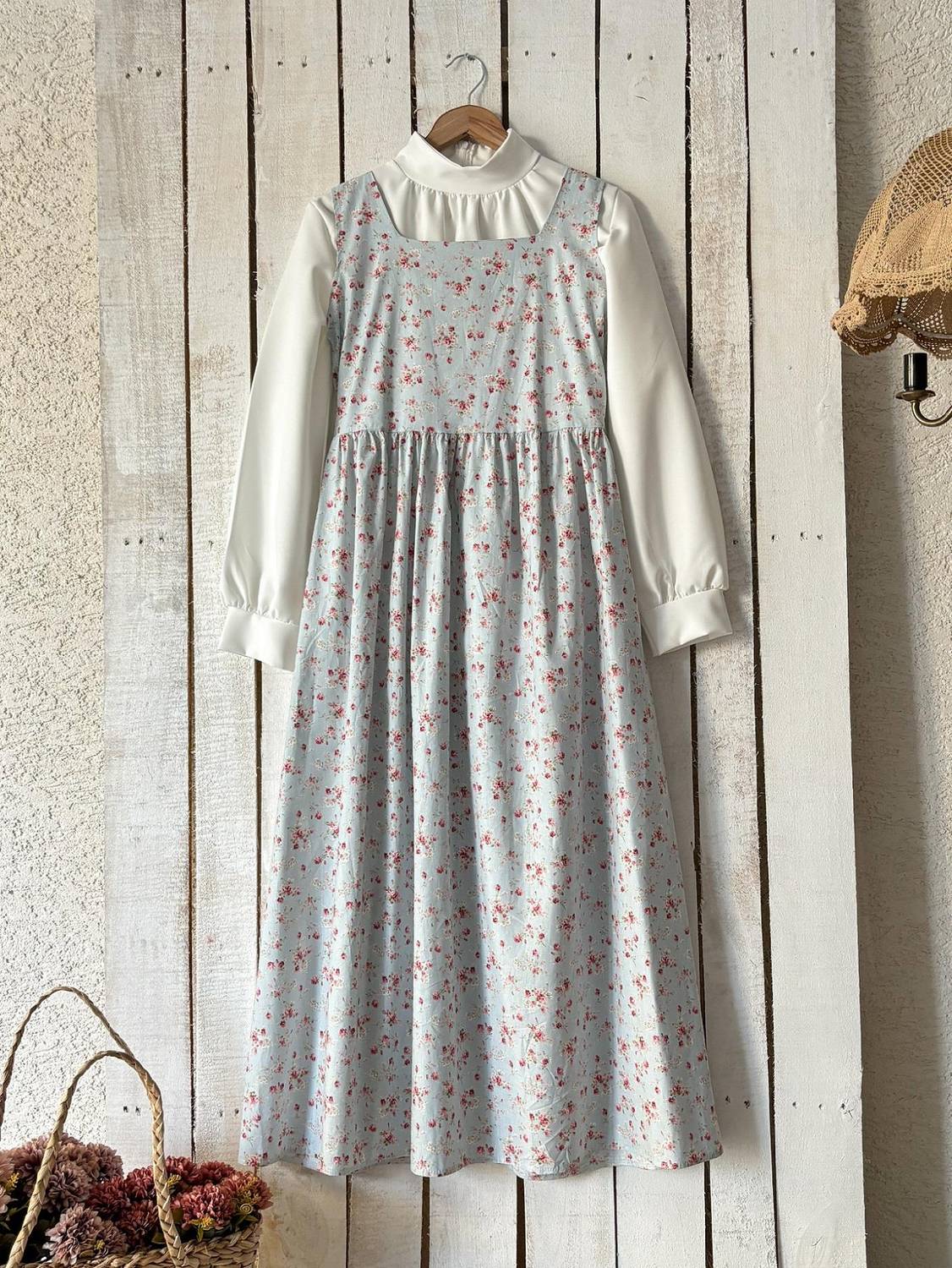 Uzun Mavi-Bordo Çiçekli Kare Yaka Jile-Bluz Takımı (2 li Takım