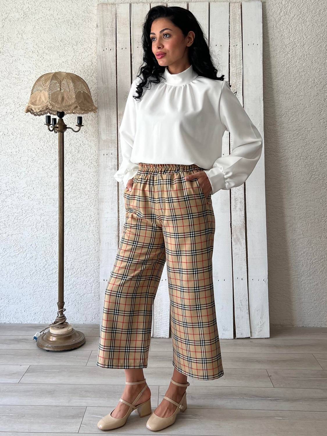 Kadın Krem Ekose Pantolon
