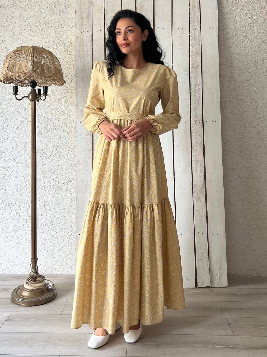 Uzun Sarı Çıtır Poplin Kat Kat Elbise