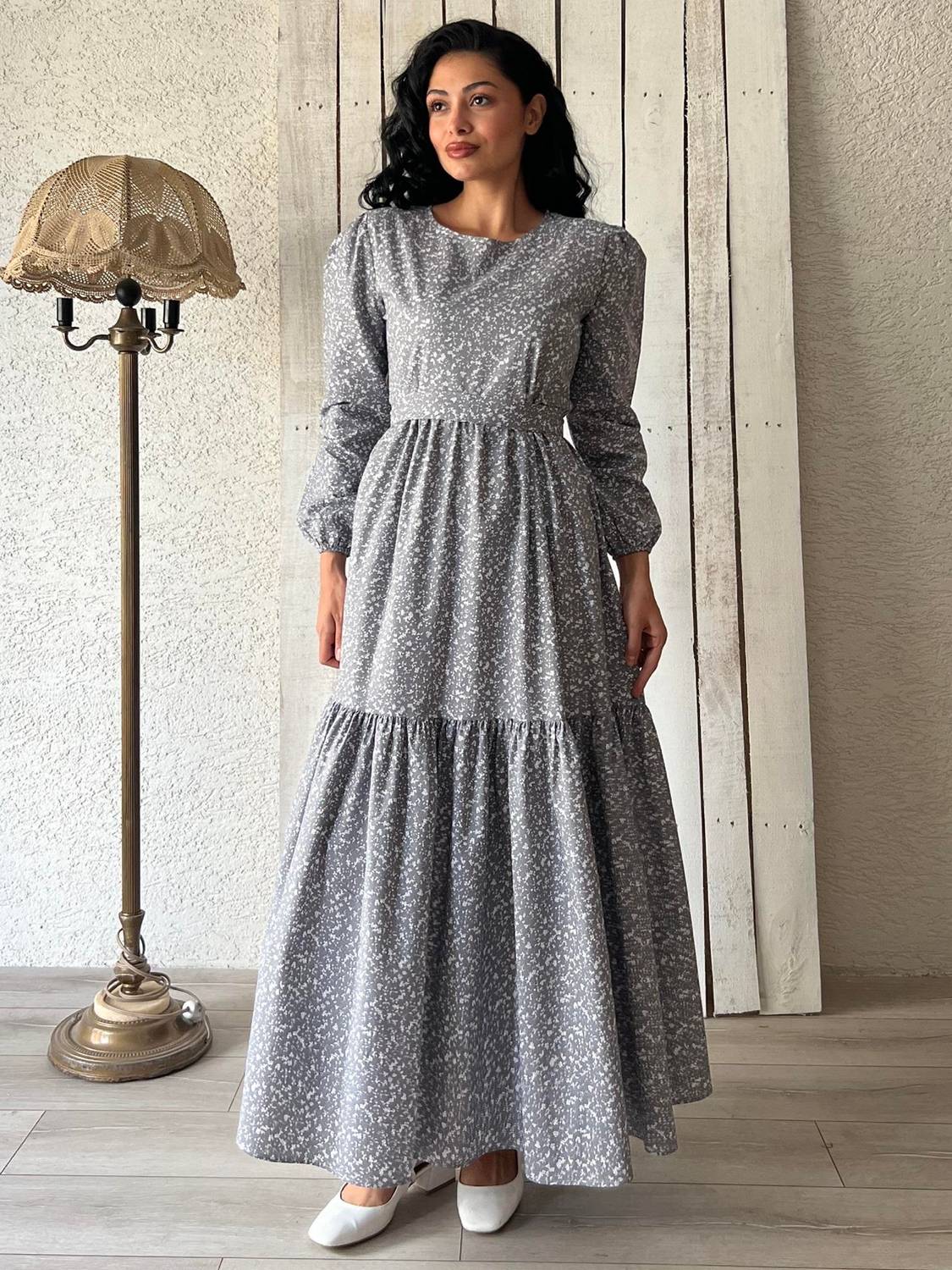 Uzun Gri Çıtır Poplin Kat Kat Elbise