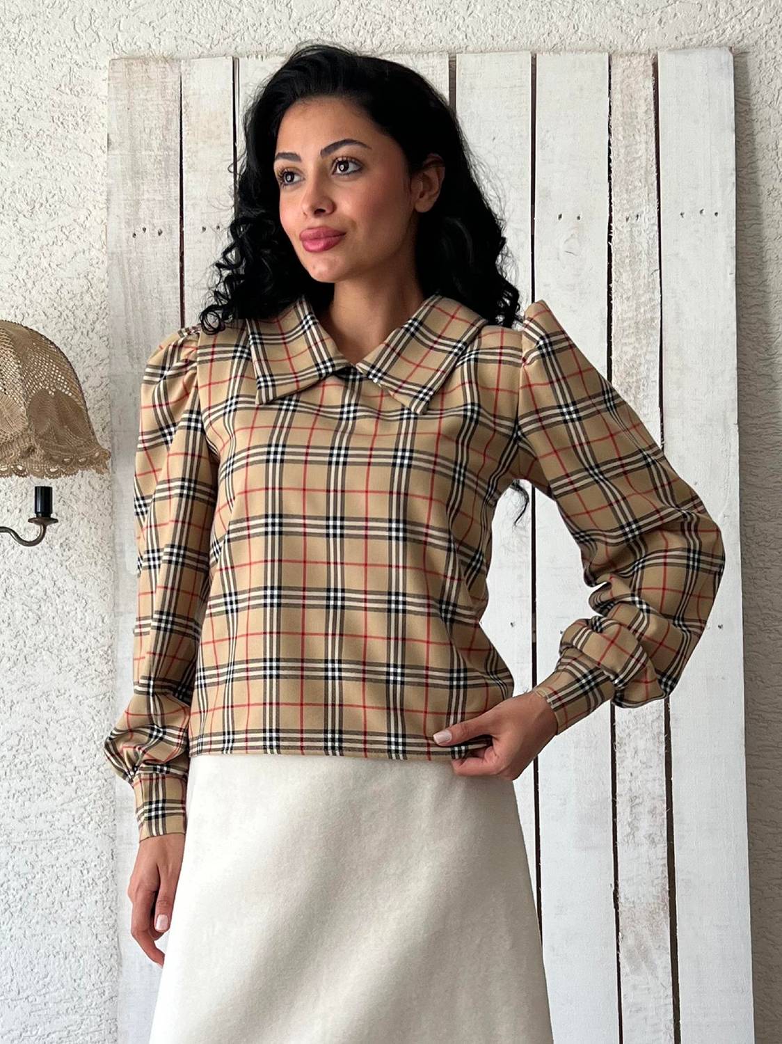 Yakalı Kahve Ekose Uzun Kollu Bluz