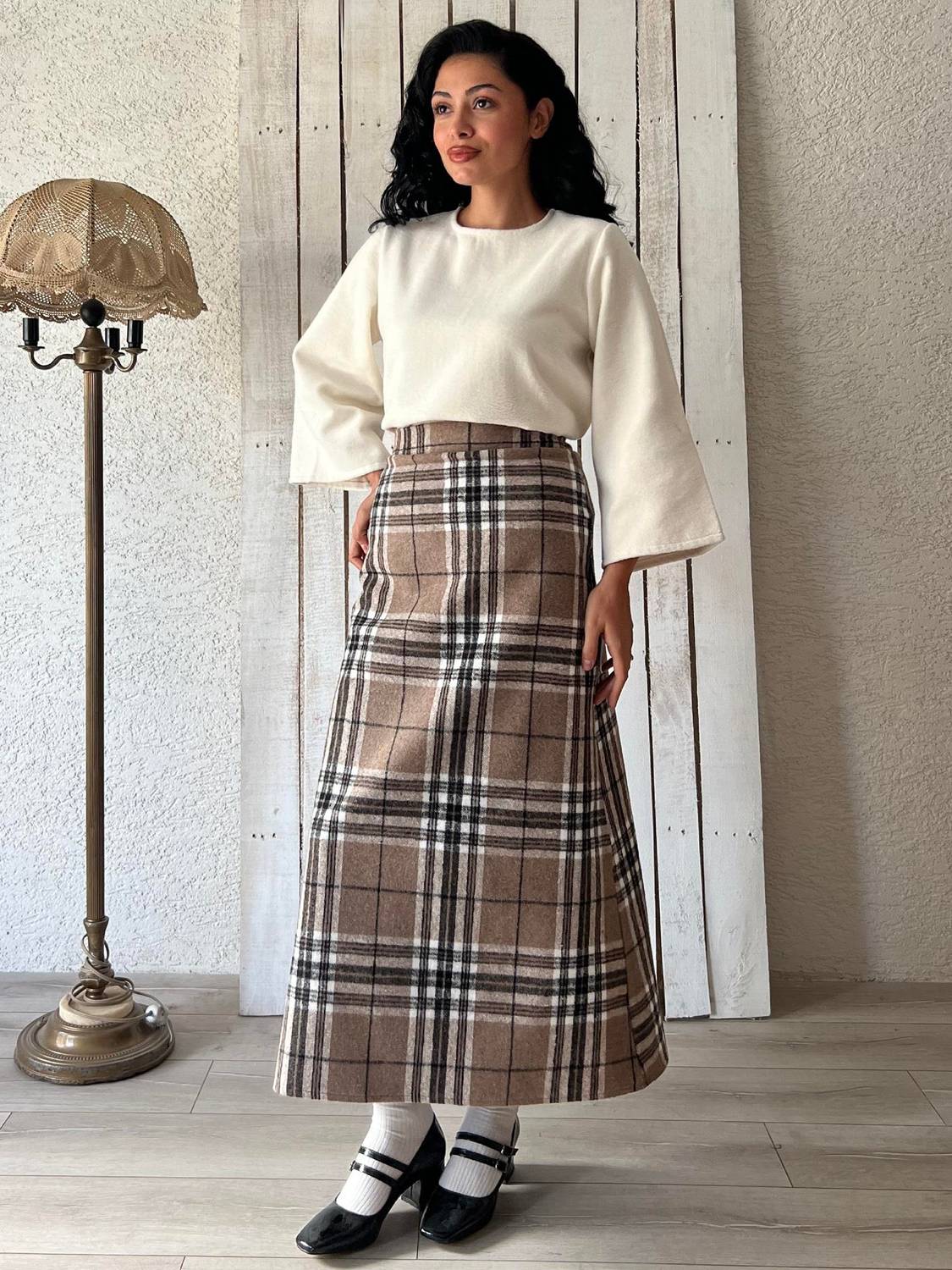 Uzun Taba Desenli Çizgili Ekose Etek