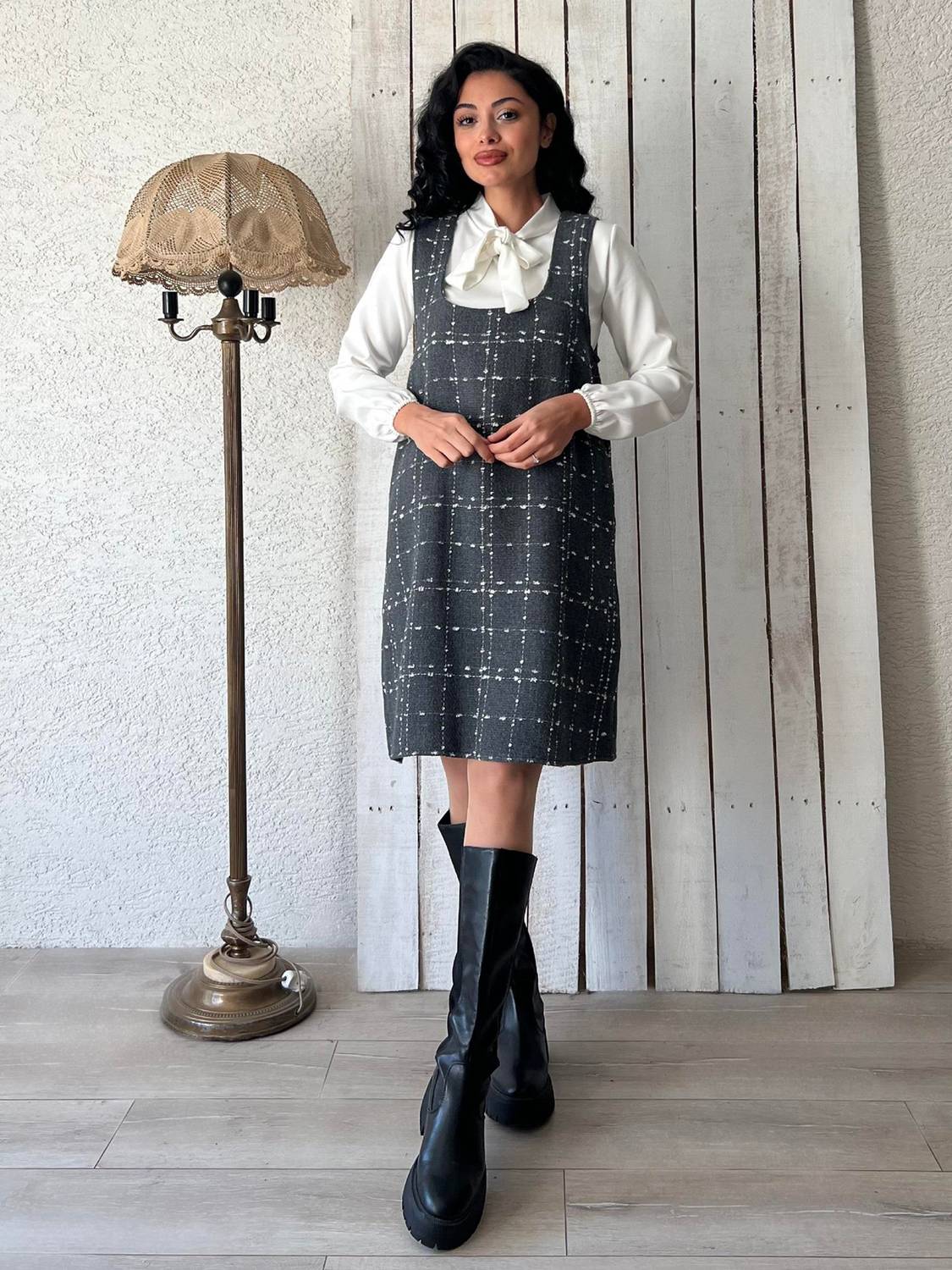 Kısa Gri Tüvit Jile Elbise