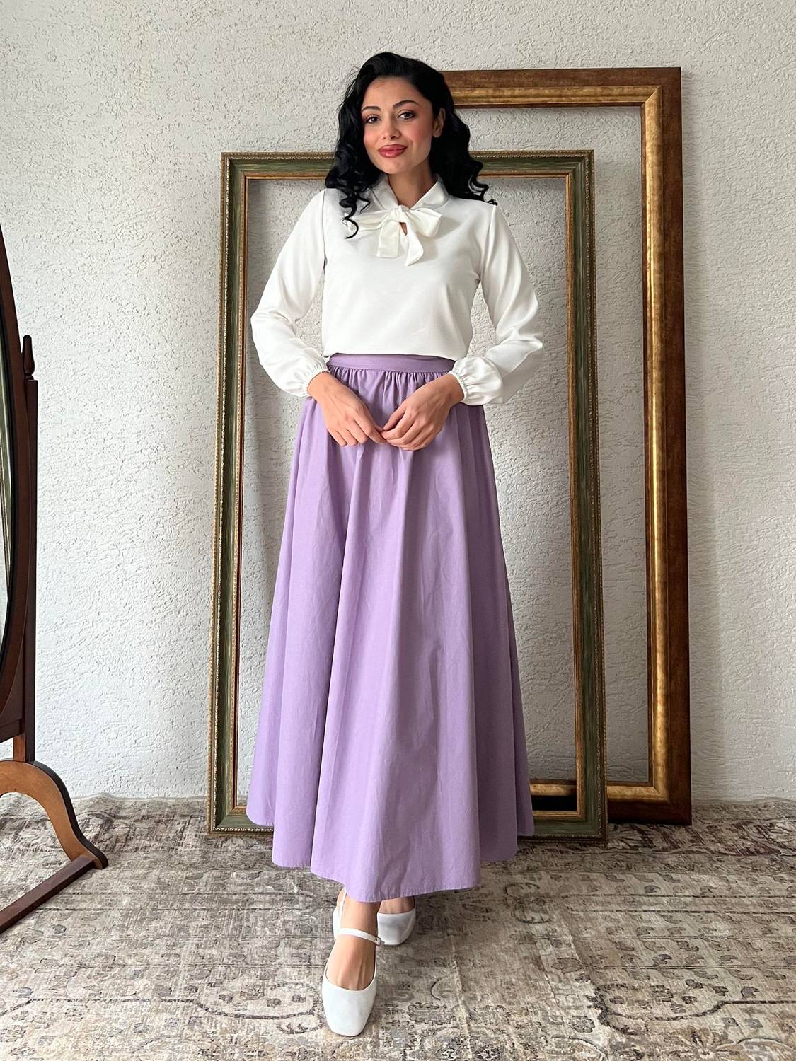 Lila Poplin Kloş Etek