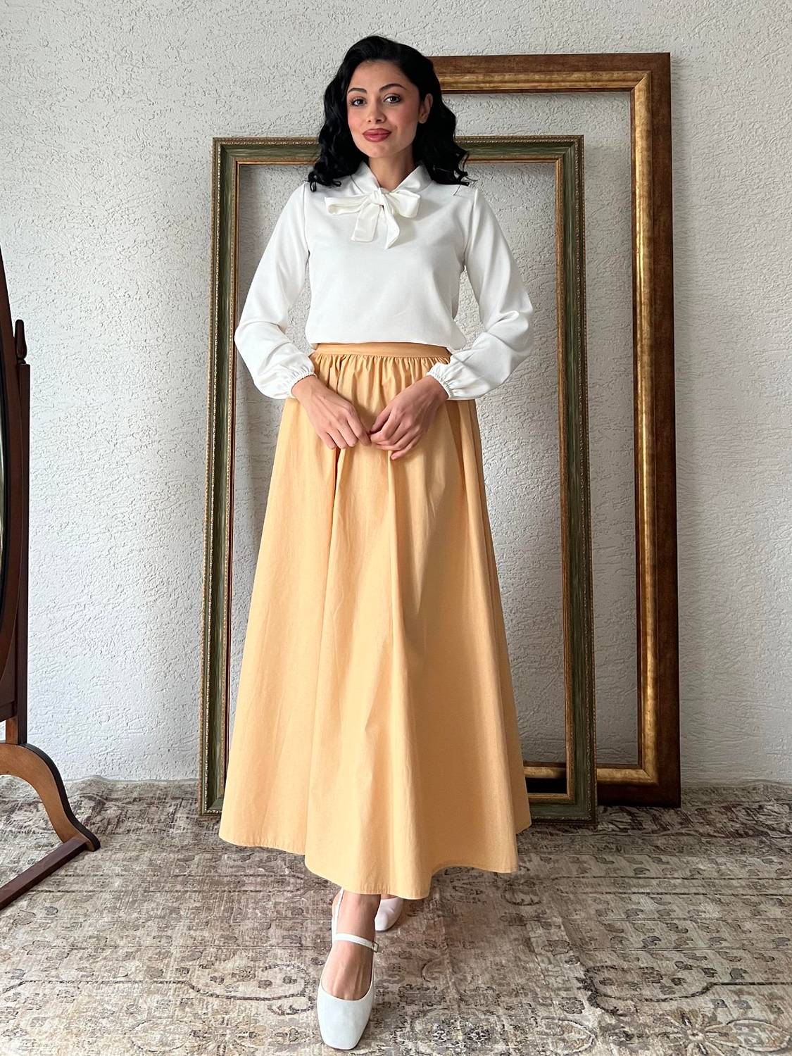 Солодка жовта клош поплінова спідниця, приталена, довжина 95 см, для жінок, розмір S, з натуральної бавовни, ручне прання, не просвічується