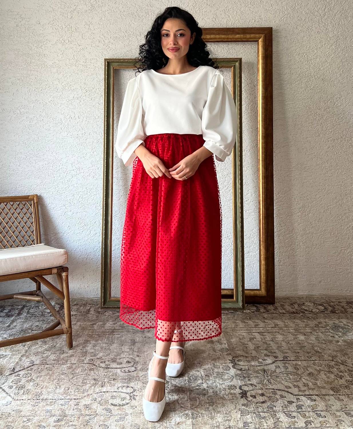 Kırmızı Puantiyeli Tül Etek