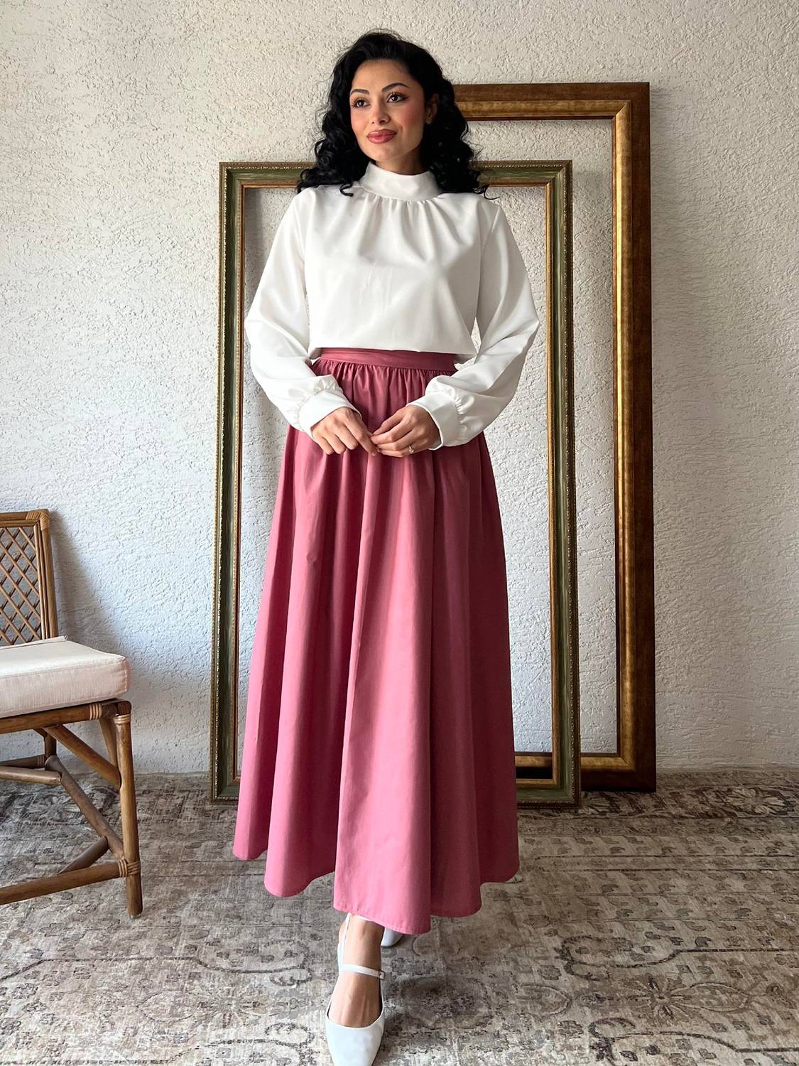 Gül Kurusu Büzgülü Kloş Poplin Etek