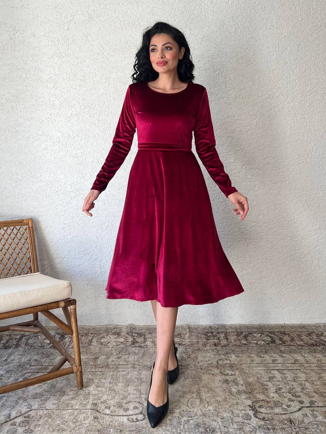 Bordo Kısa Kloş Kadife Elbise