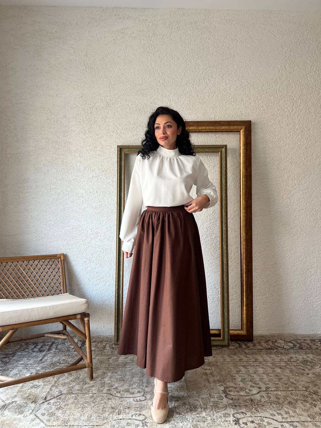 Kahve Büzgülü Kloş Poplin Etek