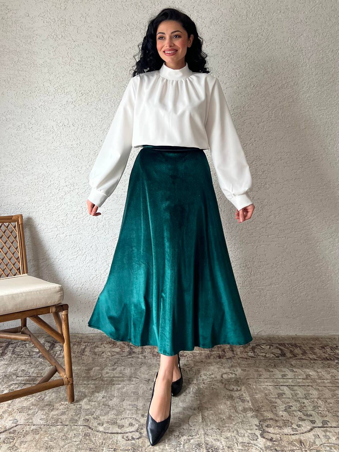 Yeşil Kadife Kloş Etek