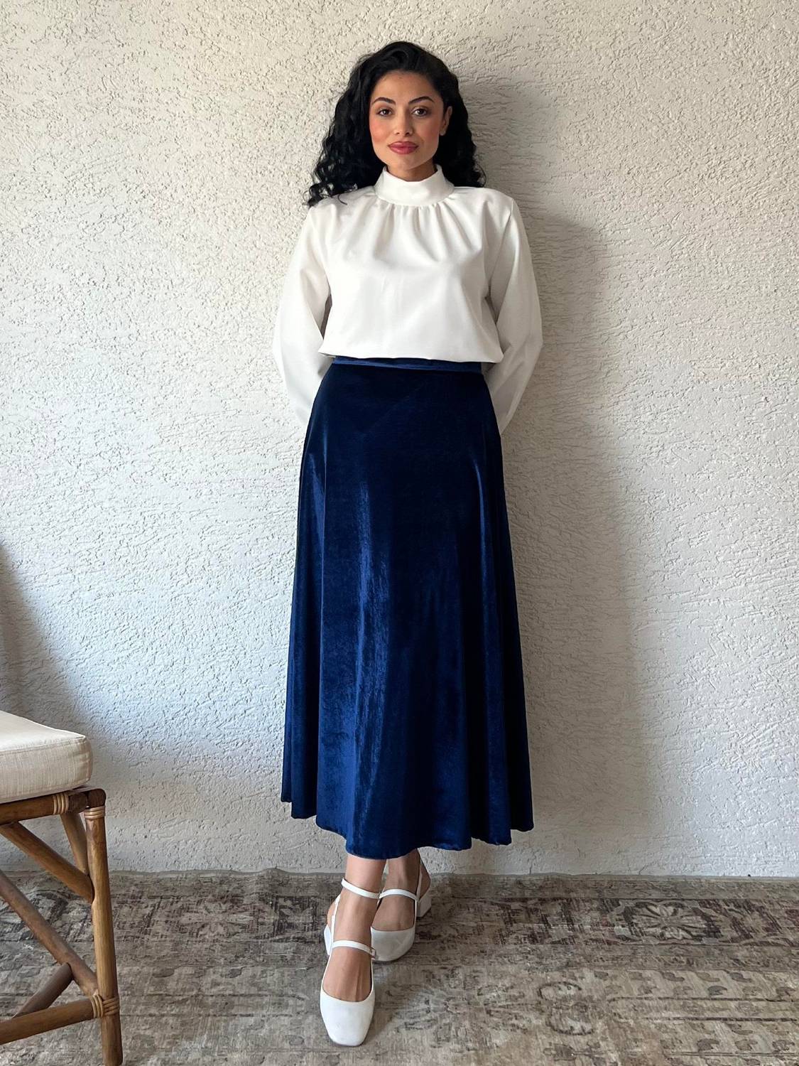 Lacivert Kadife Kloş Etek
