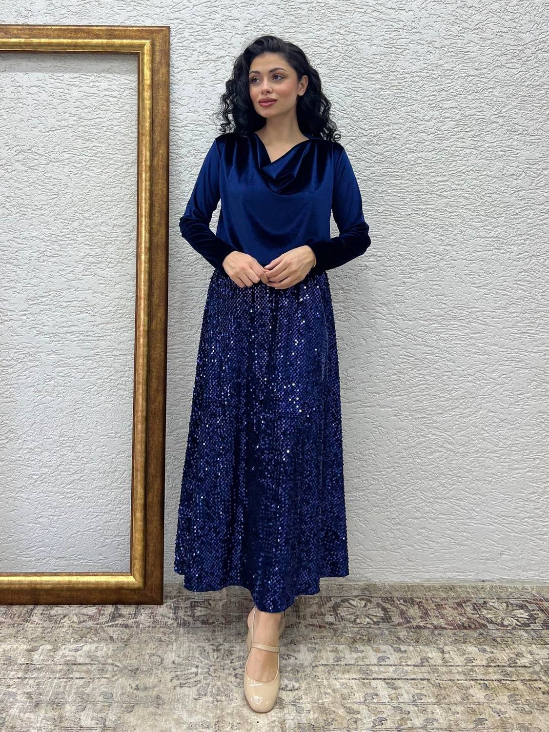 Lacivert Uzun Payet Etek